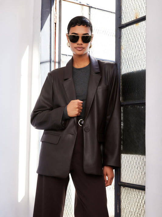 Fifteen Twenty Regan Faux Leather Blazer in Brown