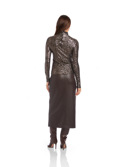 Fifteen Twenty Mara Sequin Mock Neck Top in Brown