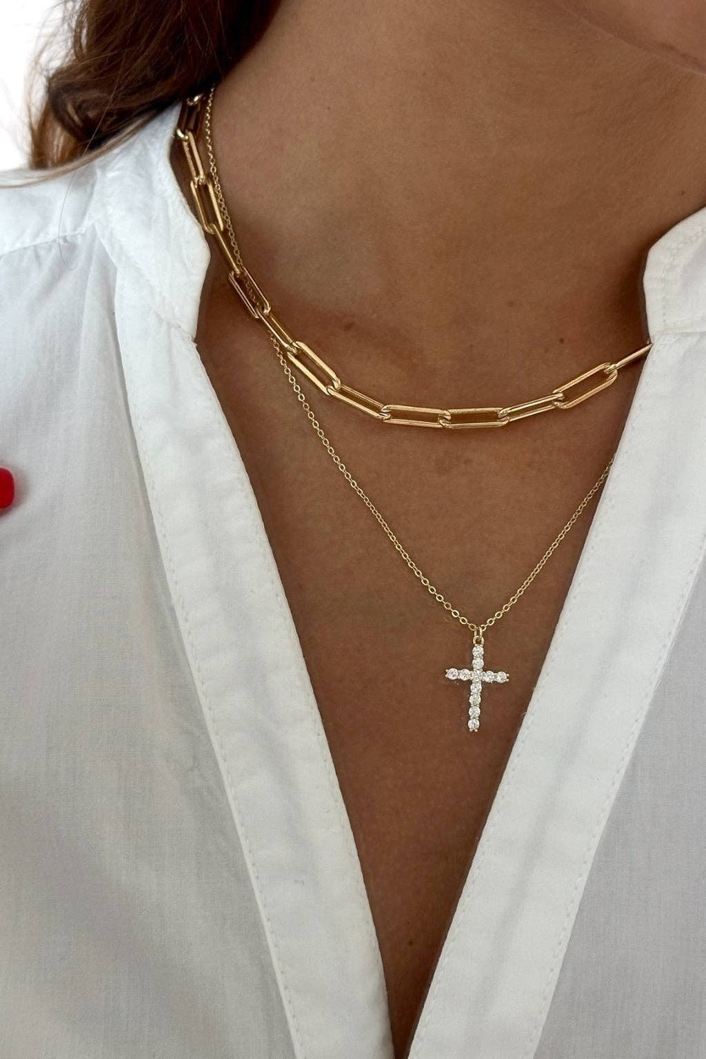 Classic Gold Faux Diamond Cross Necklace