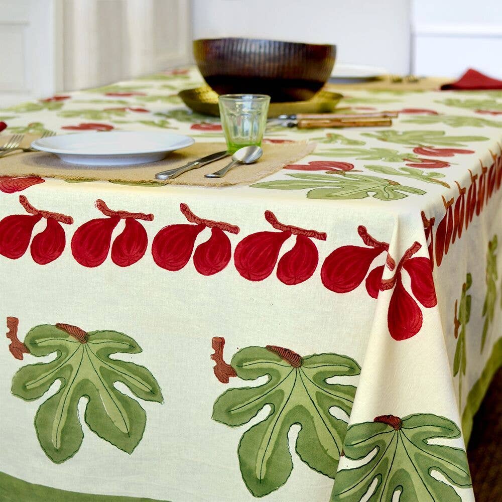 Caravan Home Fig & Leaf French Tablecloth | Red & Green | 90" Round