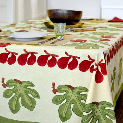 Caravan Home Fig & Leaf French Tablecloth | Red & Green | 90" Round