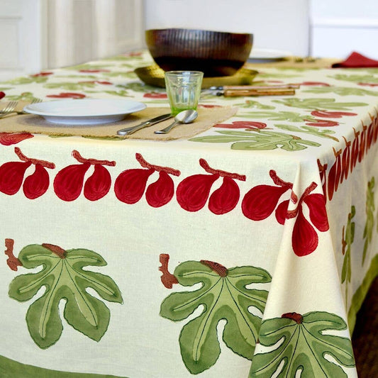 Caravan Home Fig & Leaf French Tablecloth | Red & Green | 90" Round