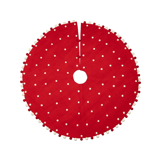Red Felt Tree Skirt w/ White Dots & Pom Border