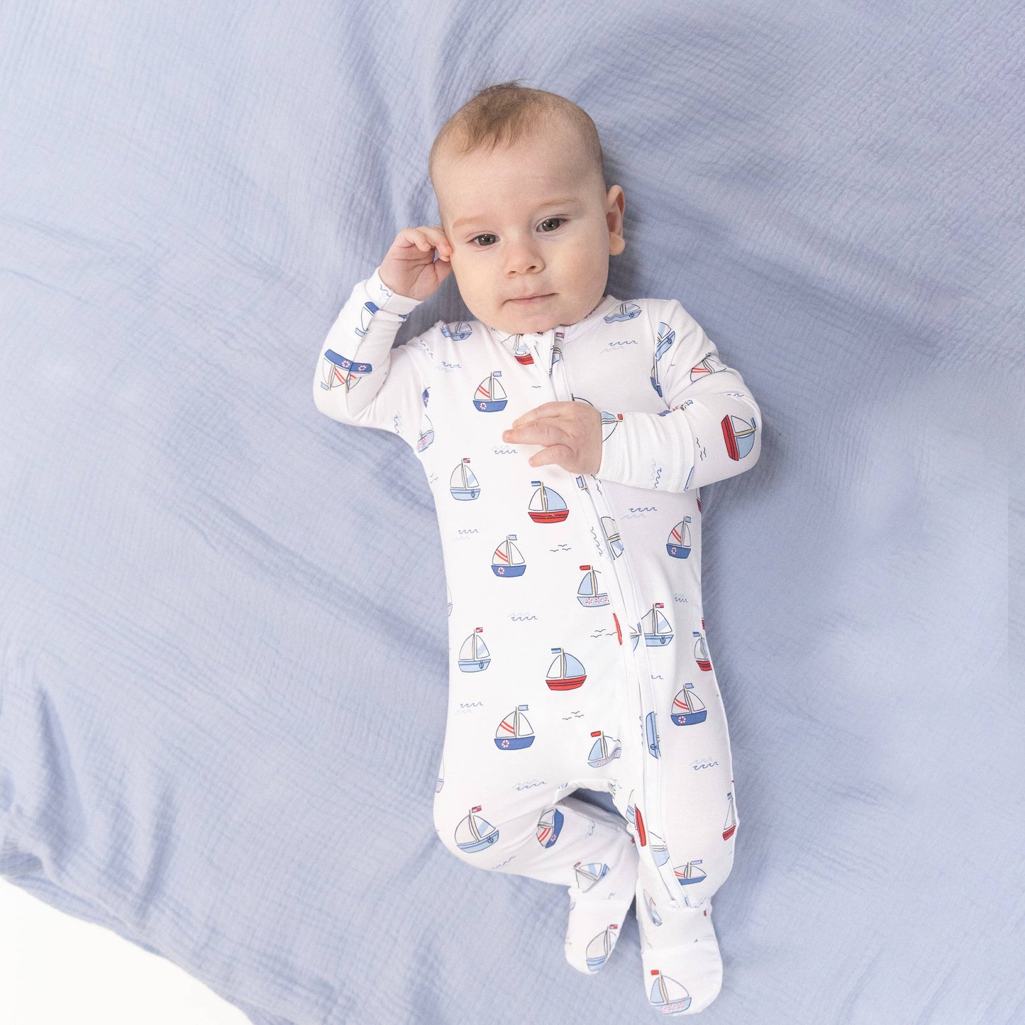 Angel Dear Bubbly Sailboats |Blue 2 Way Zipper Footie