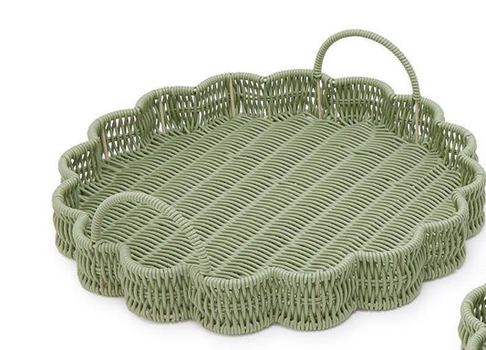 All Weather Wicker Scalloped Edge Green Round Serving Tray Small