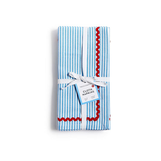 Blue Stripe w/Red Ric Rac Trim Cloth Dinner Napkins | Cotton