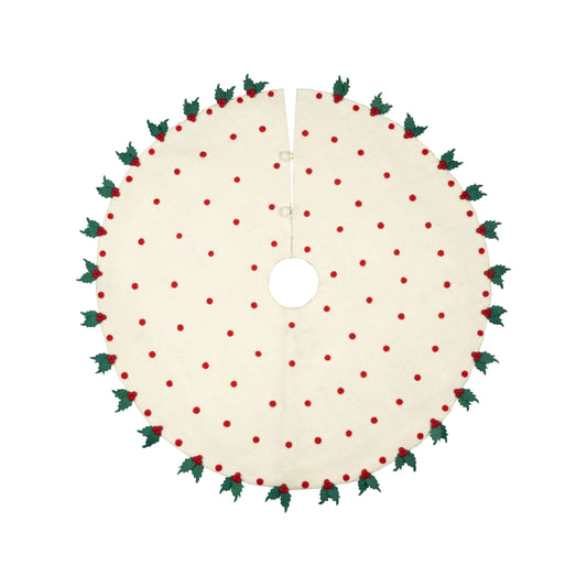 White Tree Skirt w/ Red Dots & Holly Trim