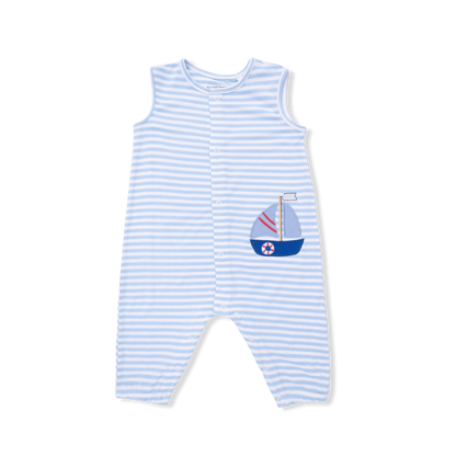 Angel Dear Bubbly Sailboat Stripe | Blue Sleeveless Romper