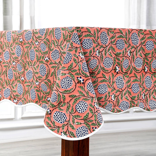 Dark Salmon Block Printed Piping Tablecloth 70x108