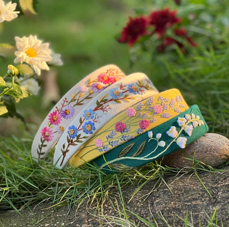 Summer Floral Embroidered Headband Navy