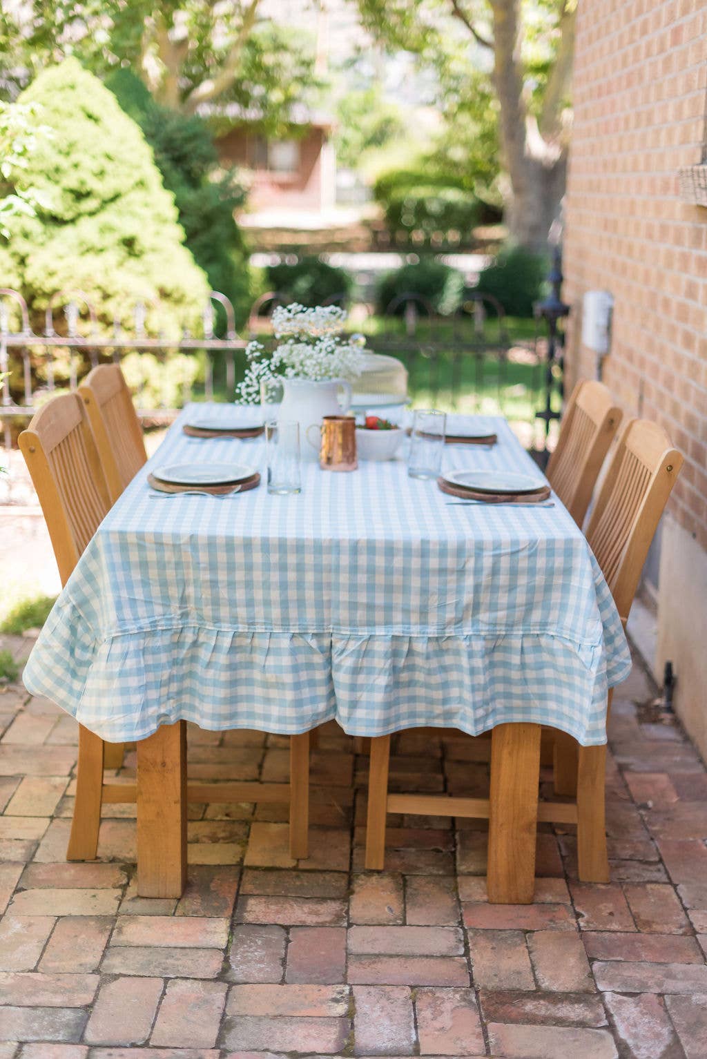 Blue Ruffled Gingham Tablecloth: 70" Round