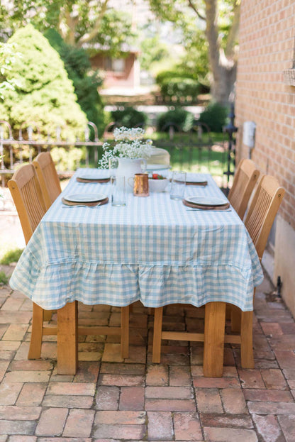 Blue Ruffled Gingham Tablecloth: 70" Round