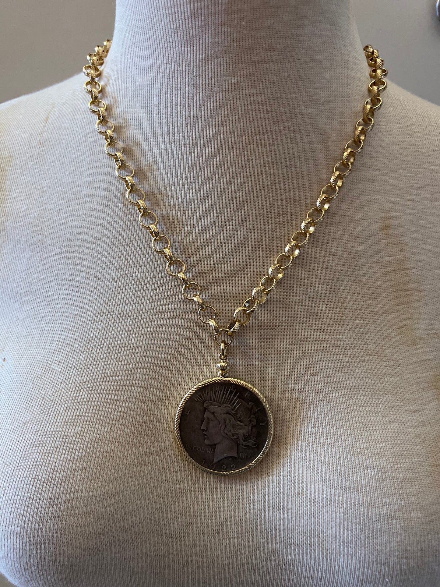 Coin Necklace with Gold Circle Link Chain -Long