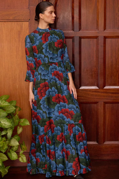 Oliphant Madrid Blue High Neck Bell Sleeve Maxi