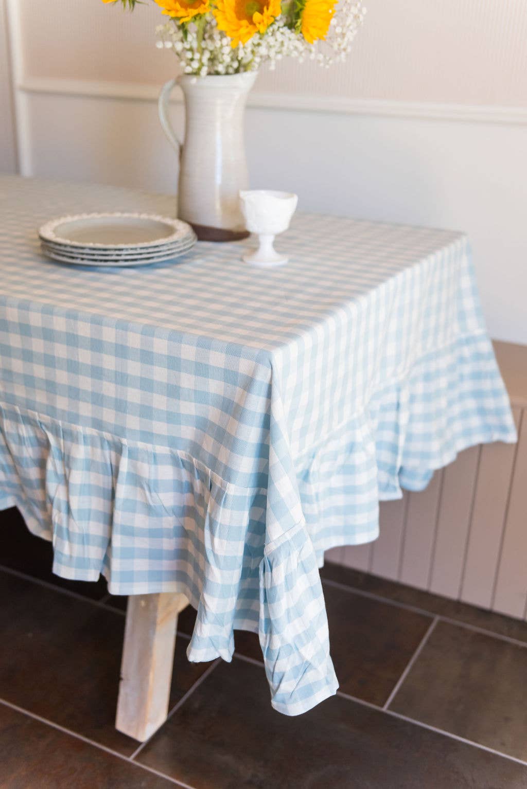 Blue Ruffled Gingham Tablecloth: 70" Round