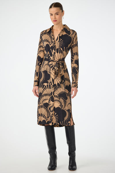 Trina Turk Printed Jersey Radio City Dress in Black and Camel