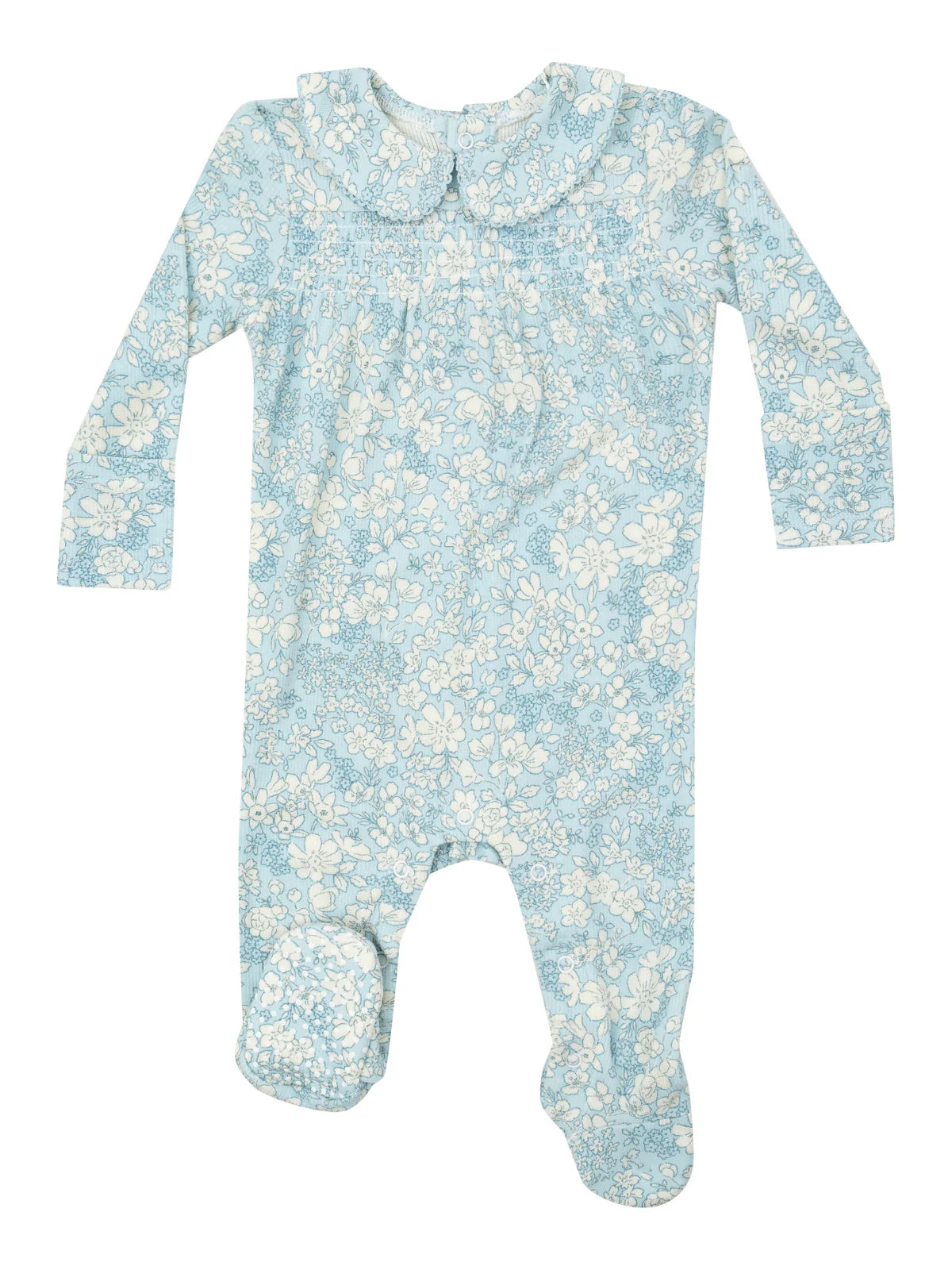 Ribbed Blue Meadow Floral Smocked Peter Pan Footie