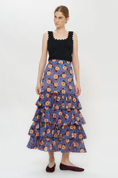 Oliphant Verona Print Ruffle Skirt | Blue & Gold
