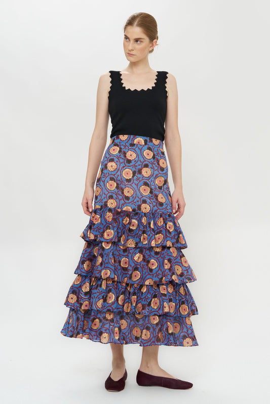 Oliphant Verona Print Ruffle Skirt | Blue & Gold