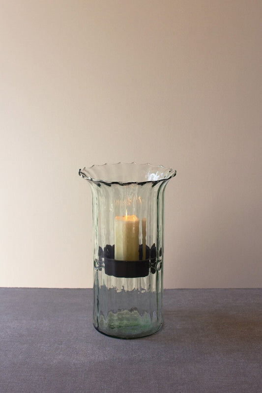 Ribbed Glass Candle Cylinder with Rustic Insert- Medium