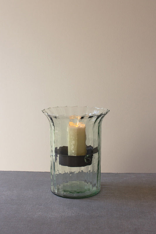 Ribbed Glass Candle Cylinder with Rustic Insert- Small