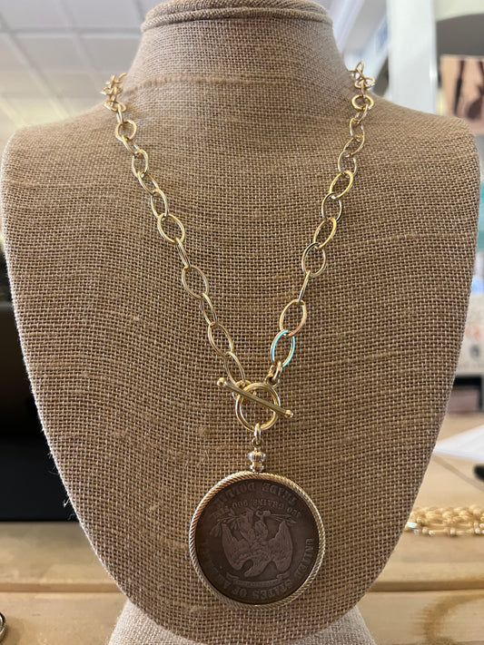 Coin Necklace with Thin Oval Gold Circle Link Chain