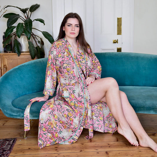 Pink Tropical Bird & Pomegranate Print Robe