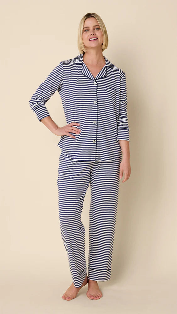 Navy Essential Stripe Long Sleeved Pima Knit Pajamas