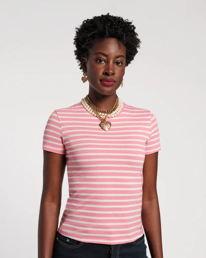 Frances Valentine Super Pima Crewneck Tee Shirt Stripe Pink/Oyster