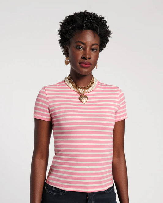 Frances Valentine Super Pima Crewneck Tee Shirt Stripe Pink/Oyster