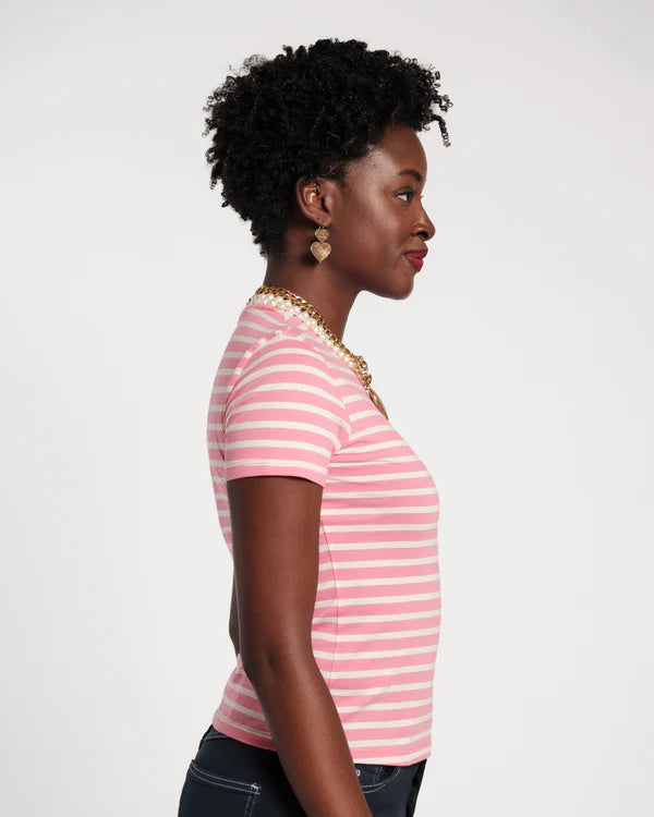 Frances Valentine Super Pima Crewneck Tee Shirt Stripe Pink/Oyster