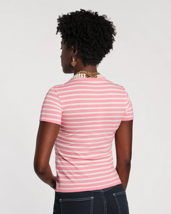 Frances Valentine Super Pima Crewneck Tee Shirt Stripe Pink/Oyster