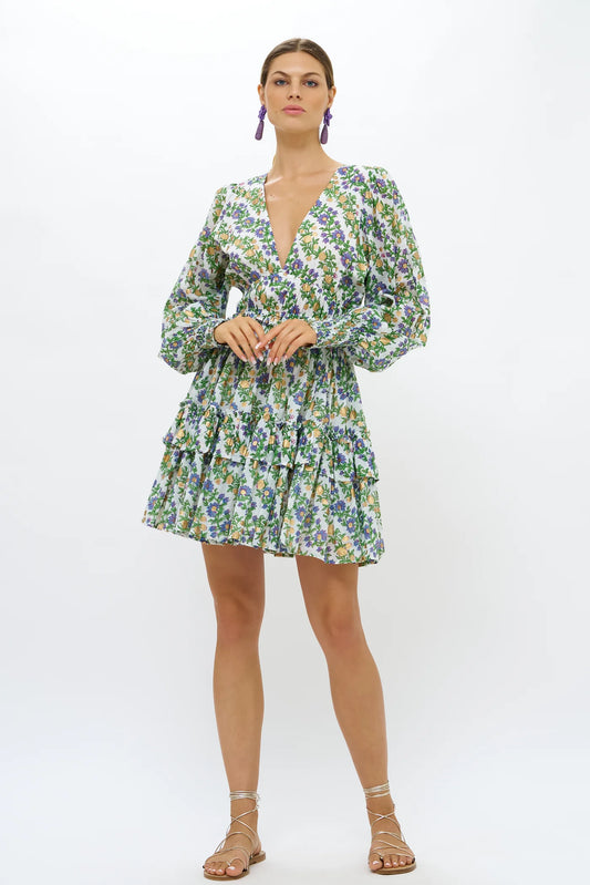 Oliphant Lupine Peri Smocked Waist V-Neck Mini Dress