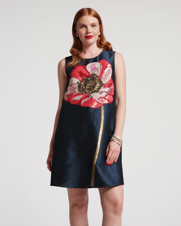 Frances Valentine Alice Shift Dress with Sequin Flower Paradise Poppy