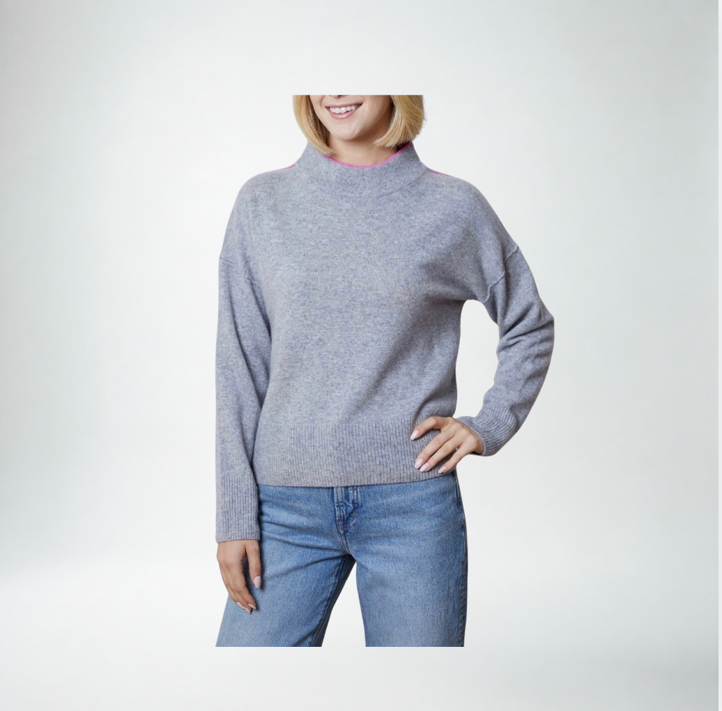 Design History Grey Cashmere & Pink Contrast Mock Sweater
