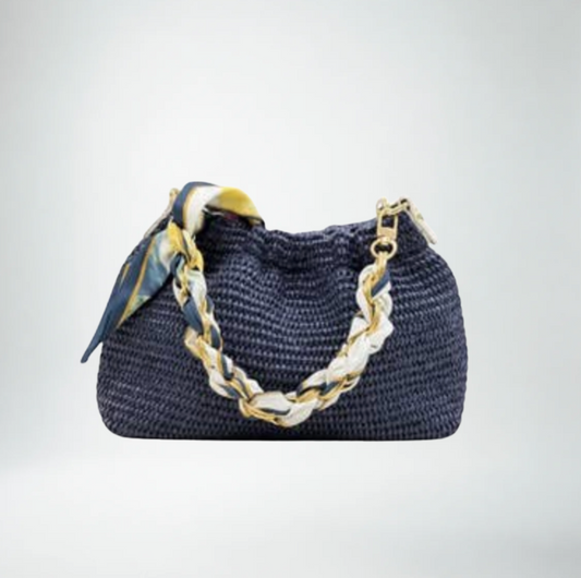 German Fuentes Raffia Chain-Handle Hand Bag | Navy