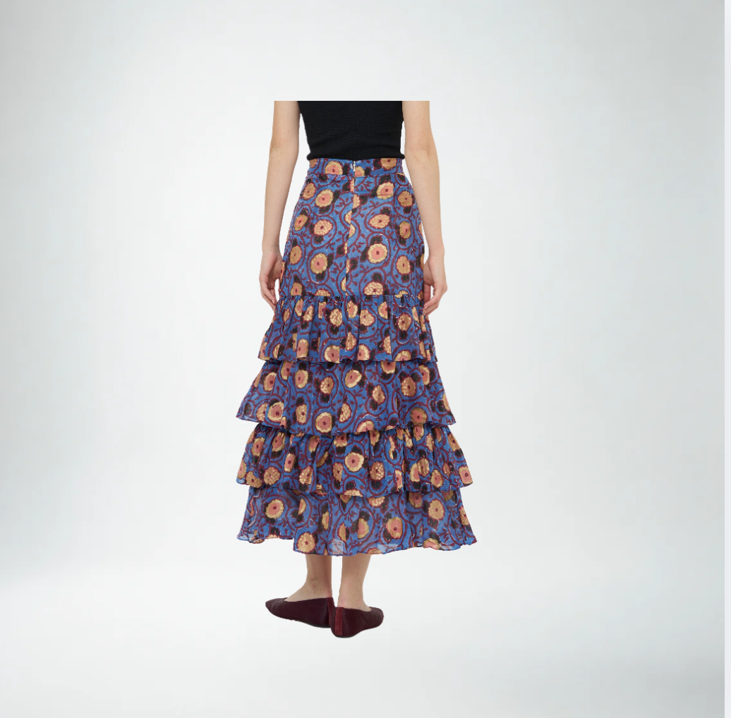 Oliphant Verona Print Ruffle Skirt | Blue & Gold