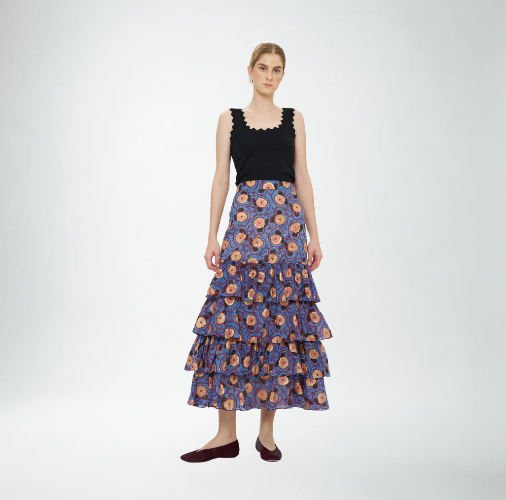Oliphant Verona Print Ruffle Skirt | Blue & Gold