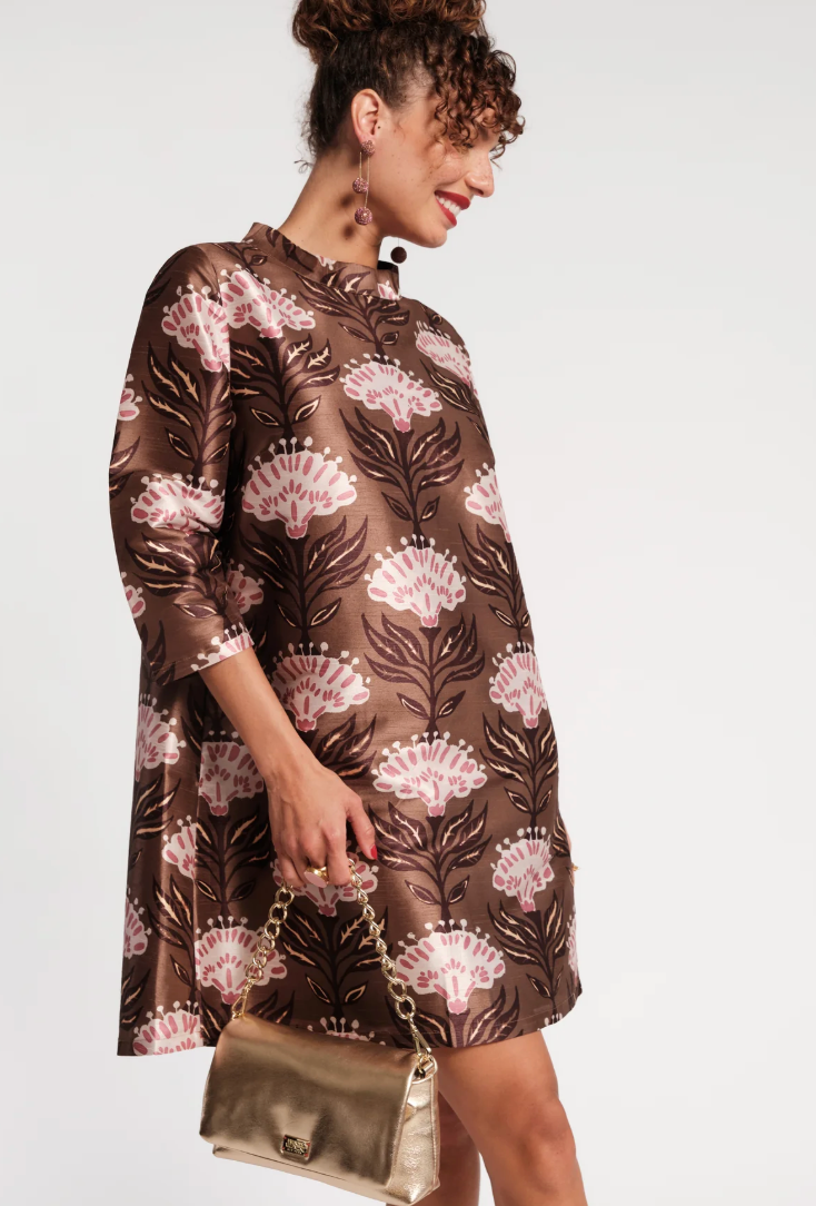 Frances Valentine Diplomat Mini Dress with Sleeves Heirloom Floral | Brown