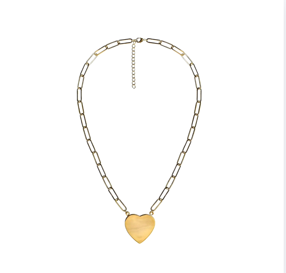Flat Heart Charm Necklace with Paper Clip Chain | Gold