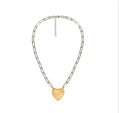 Flat Heart Charm Necklace with Paper Clip Chain | Gold