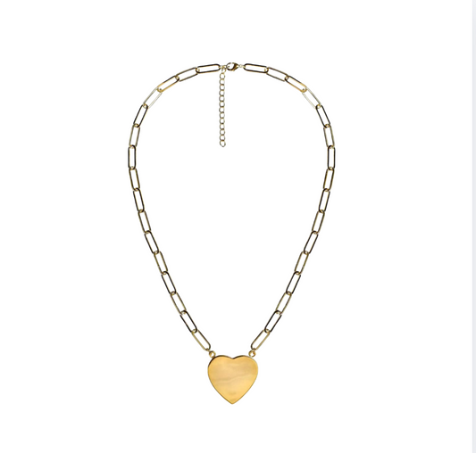 Flat Heart Charm Necklace with Paper Clip Chain | Gold