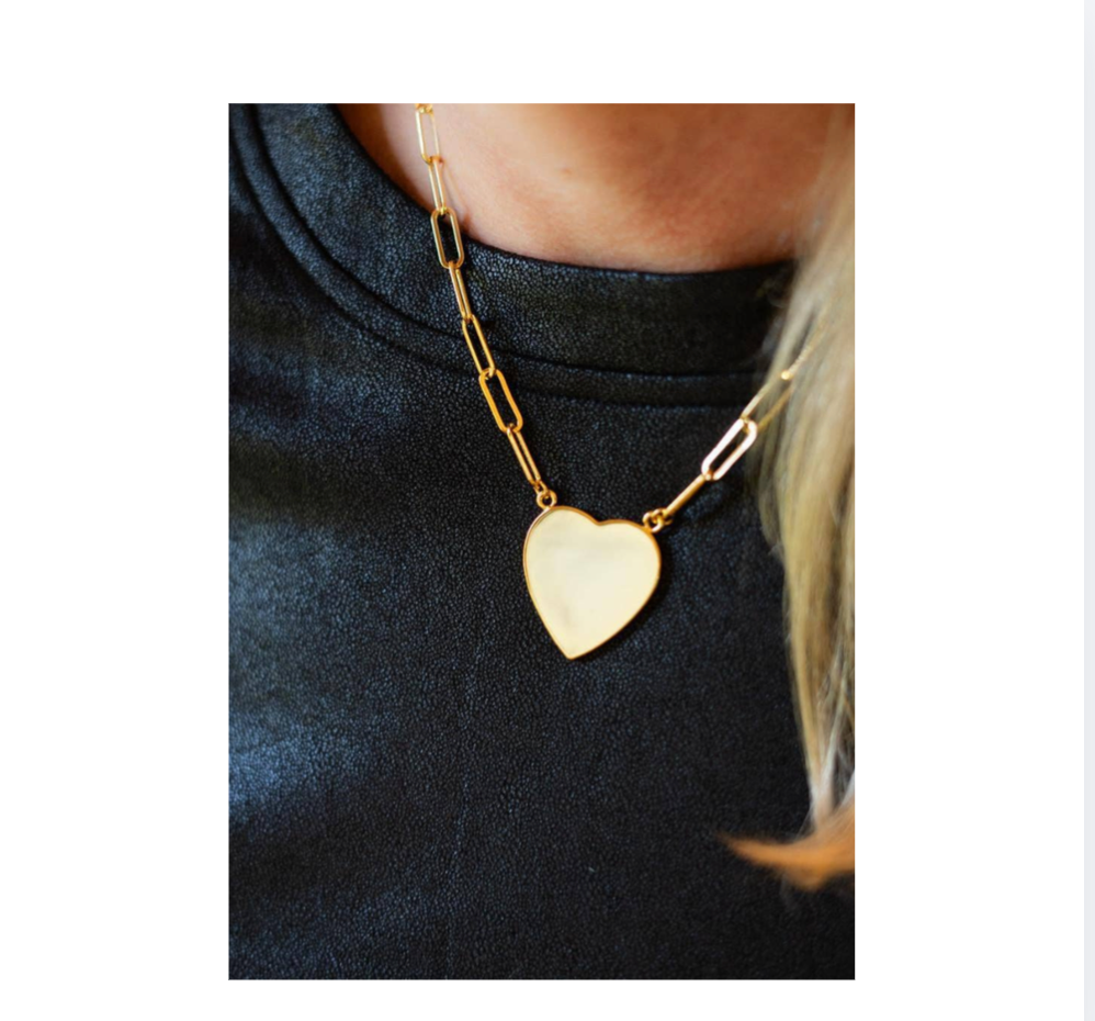 Flat Heart Charm Necklace with Paper Clip Chain | Gold