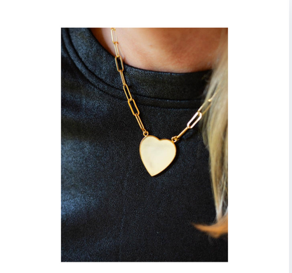 Flat Heart Charm Necklace with Paper Clip Chain | Gold
