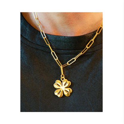 Shamrock Charm Necklace with Paper Clip Chain | Gold