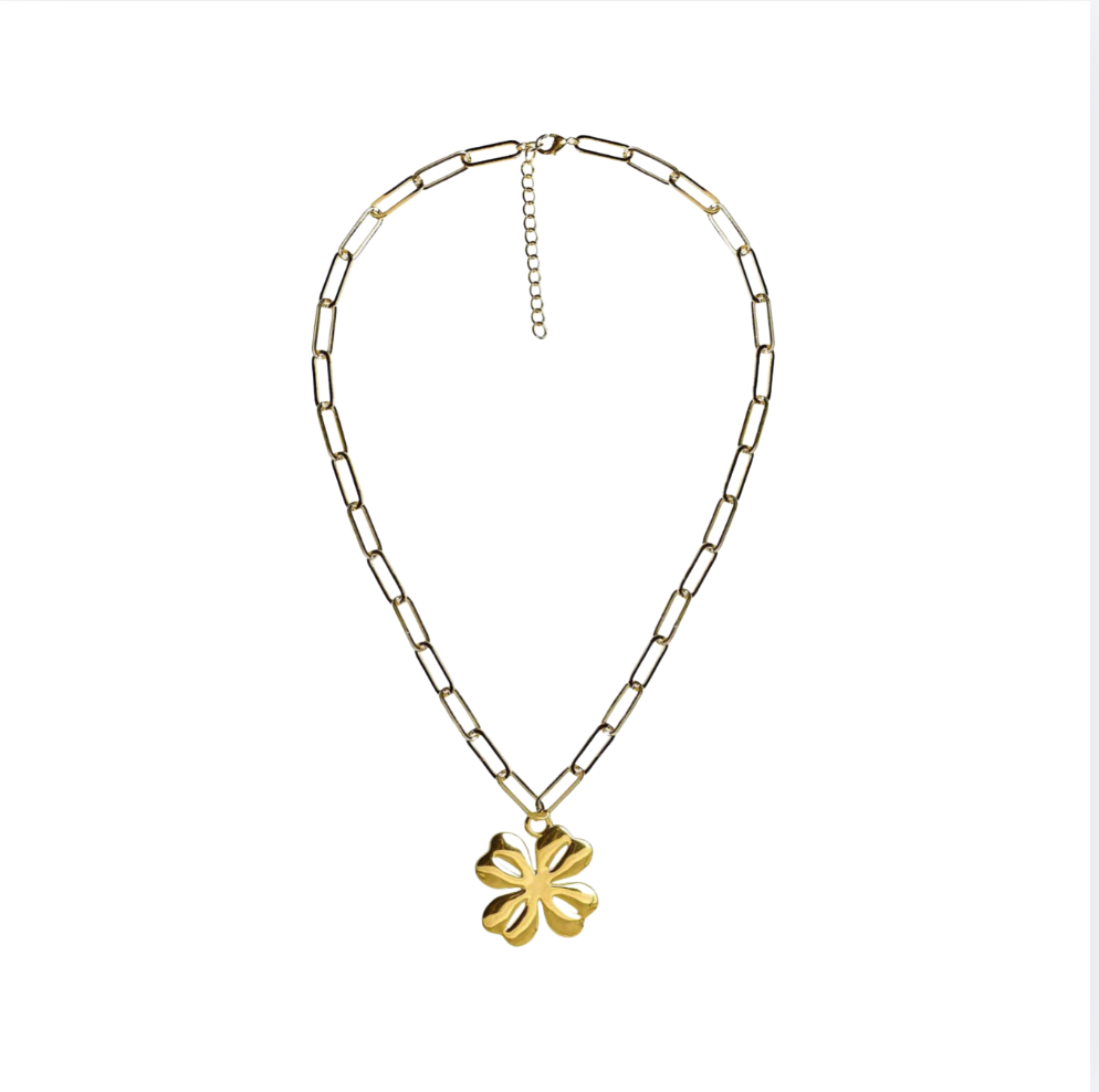 Shamrock Charm Necklace with Paper Clip Chain | Gold