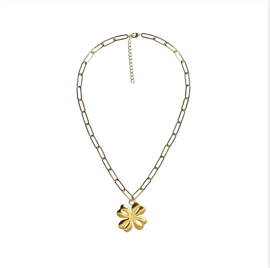 Shamrock Charm Necklace with Paper Clip Chain | Gold