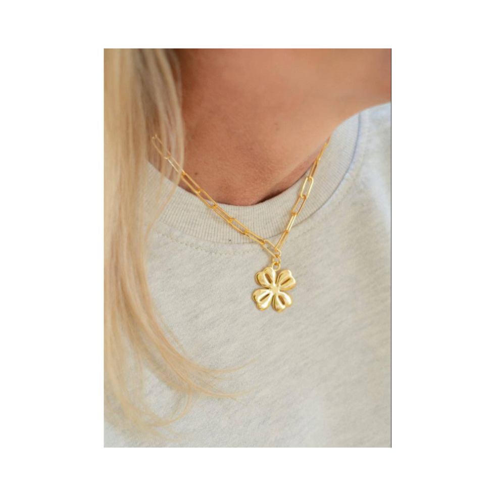 Shamrock Charm Necklace with Paper Clip Chain | Gold