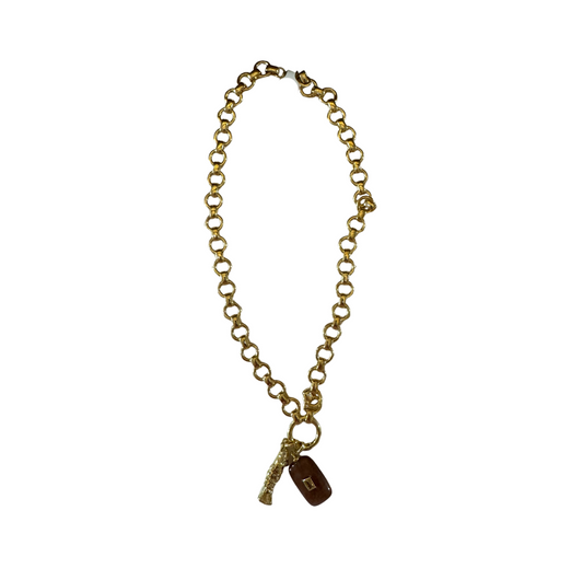 Gold Round Chain with Rectangular Gemstone and Wiggle Fish