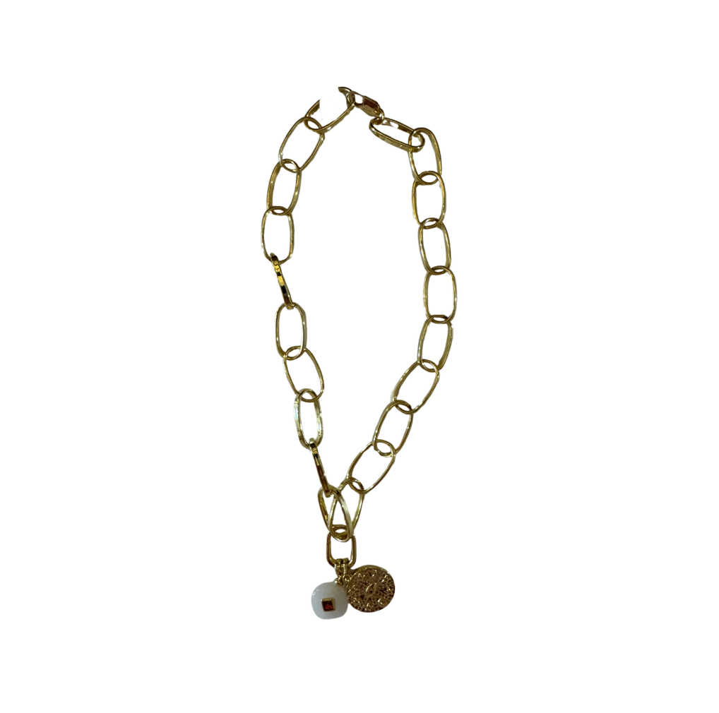 Gold Oval Chain with Rhombus Gem and Evil Eye Medallion